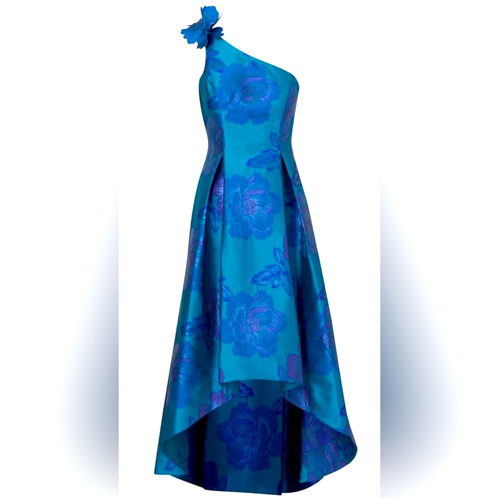 Adrianna Papell Floral Jacquard High-Low Dress - Size 16 (Teal/Blue)